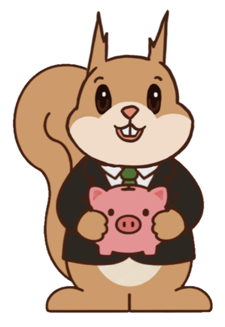 Finnley in a suit with a piggy bank